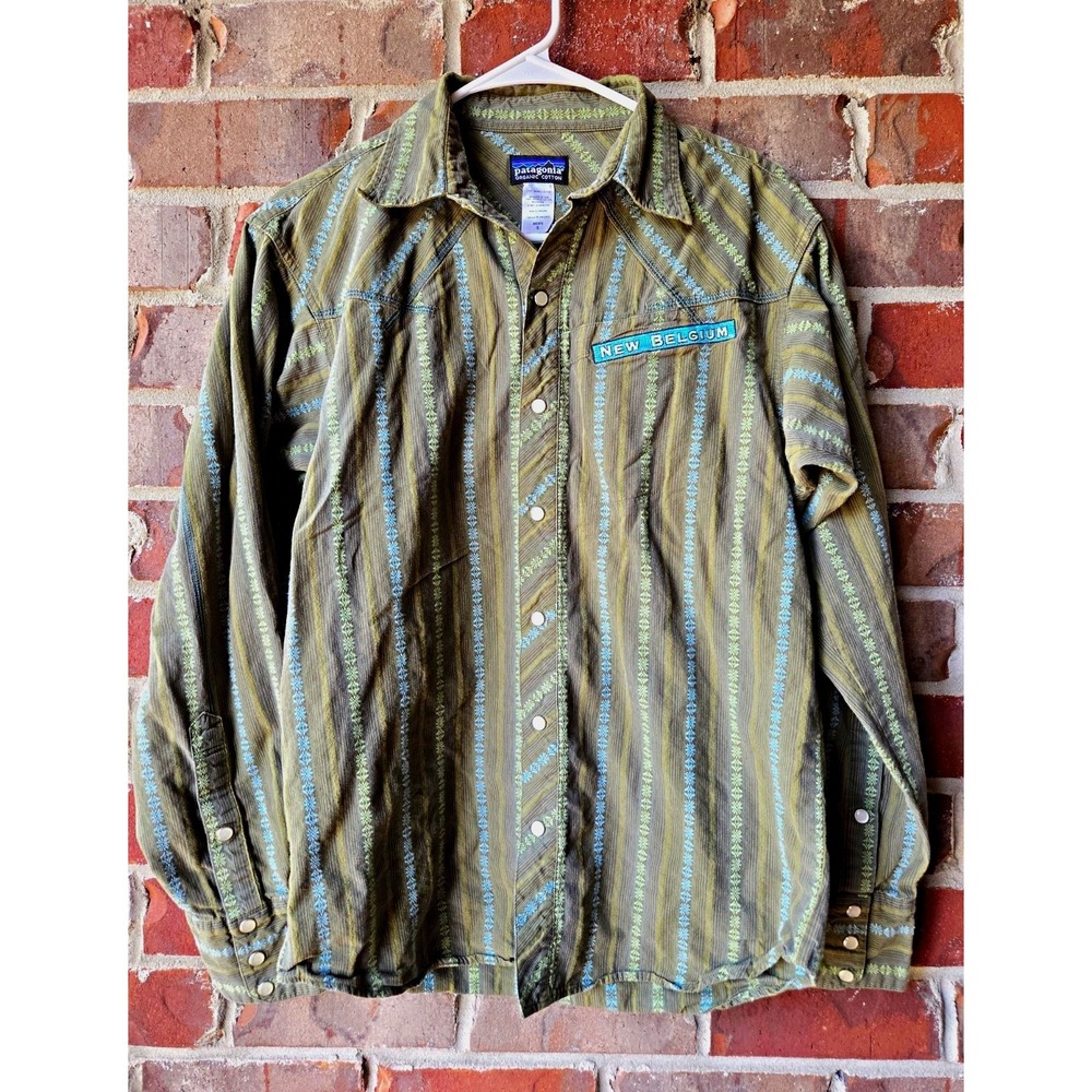 Patagonia New Belgium Organic Cotton Snap Button Shirt Mens S Green Blue Striped - Picture 1 of 10
